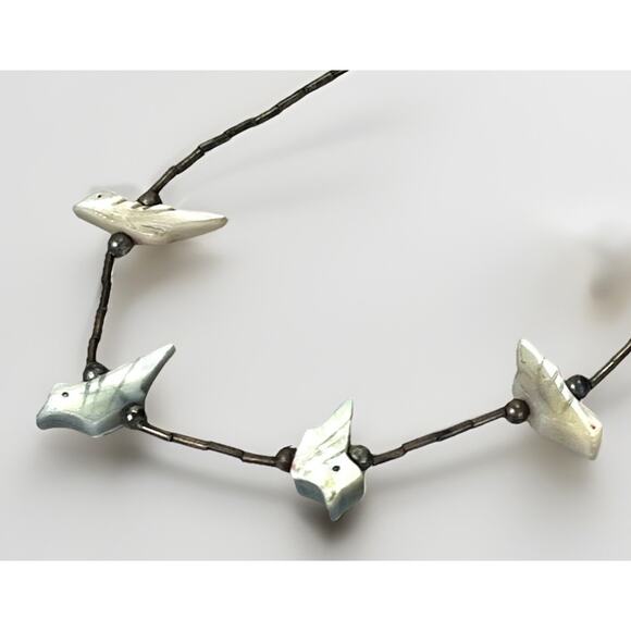 Native American 925 Liquid Silver Necklace Carved MOP Birds Fetish Necklace 14” - Picture 5 of 11